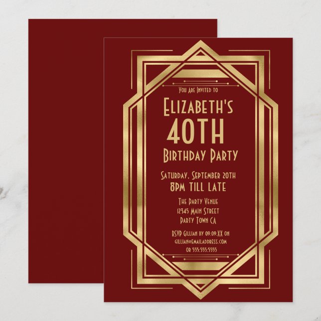 Roaring 20s Art Deco Burgundy | Gold 40th   Invitation (Front/Back)