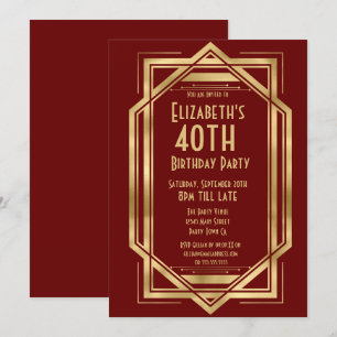 Roaring 20s Art Deco Burgundy   Gold 40th   Invitation