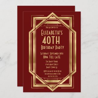 Roaring 20s Art Deco Burgundy | Gold 40th Invitation