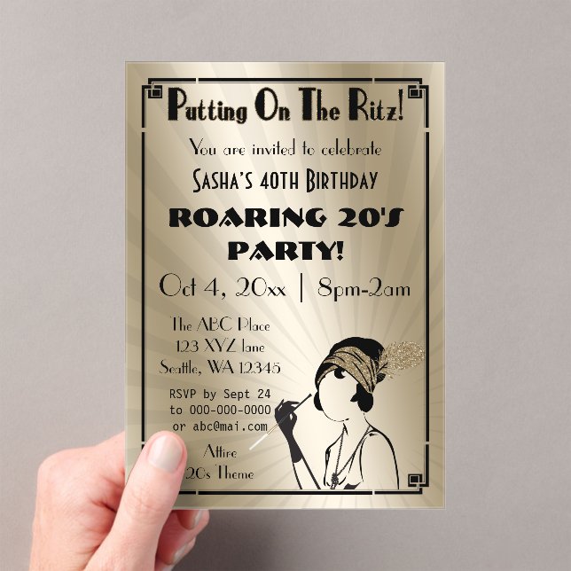 Roaring 20s art deco flapper girl  acrylic invitations (Insitu (Handheld))