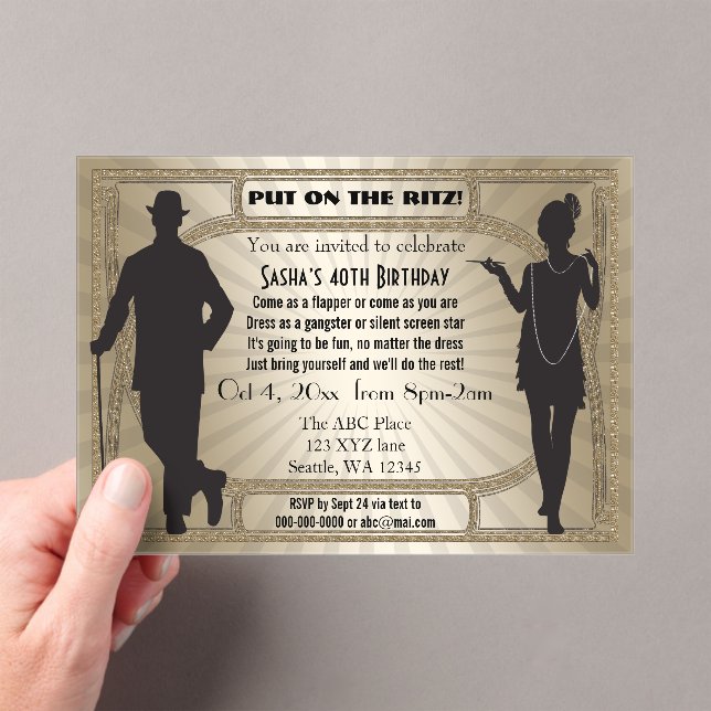 Roaring 20s art deco flapper girl and gangster acrylic invitations (Insitu (Handheld))