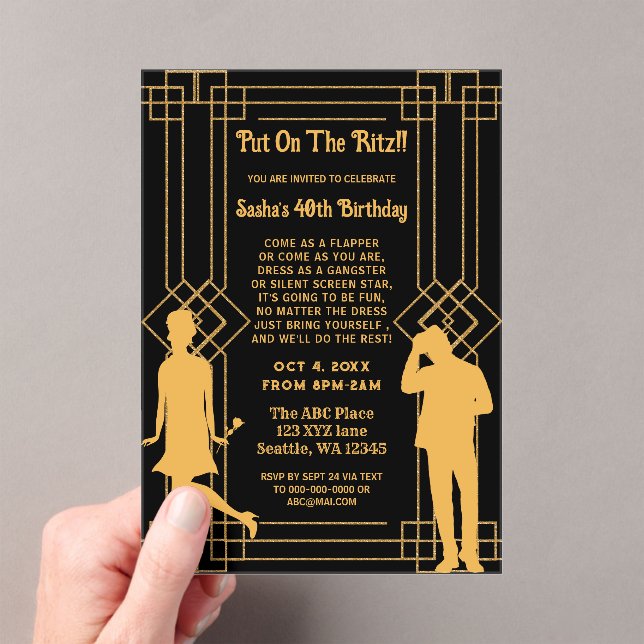 Roaring 20s art deco flapper girl and gangster acrylic invitations (Insitu (Handheld))