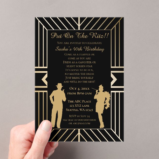 Roaring 20s art deco flapper girl and gangster acrylic invitations (Insitu (Handheld))