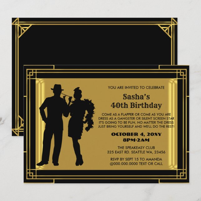 Roaring 20s art deco flapper girl and gangster inv invitation (Front/Back)