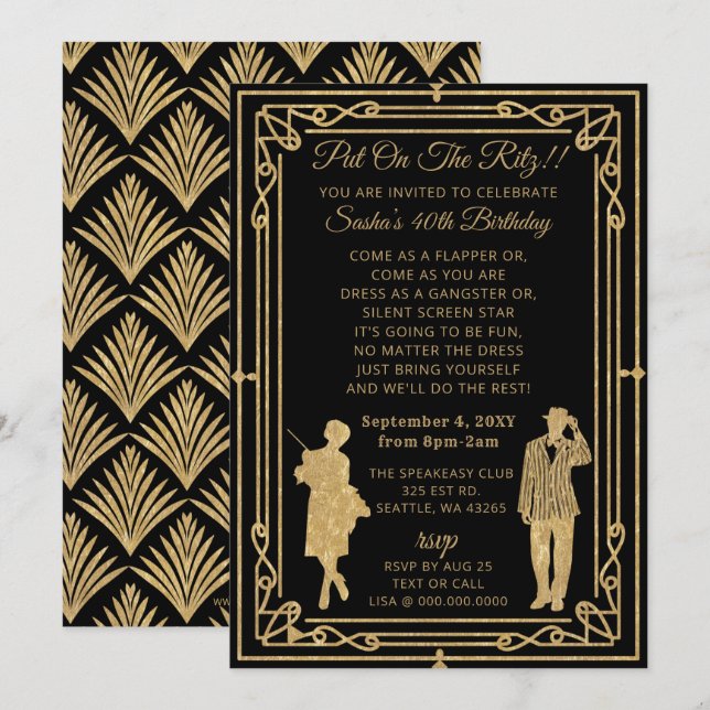 Roaring 20s art deco flapper girl and gangster inv invitation (Front/Back)
