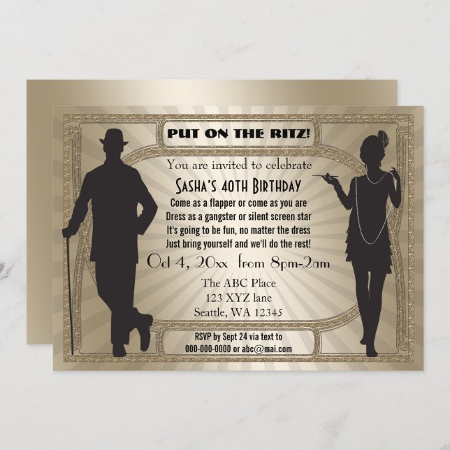 Roaring 20s art deco flapper girl and gangster invitation (Front/Back)