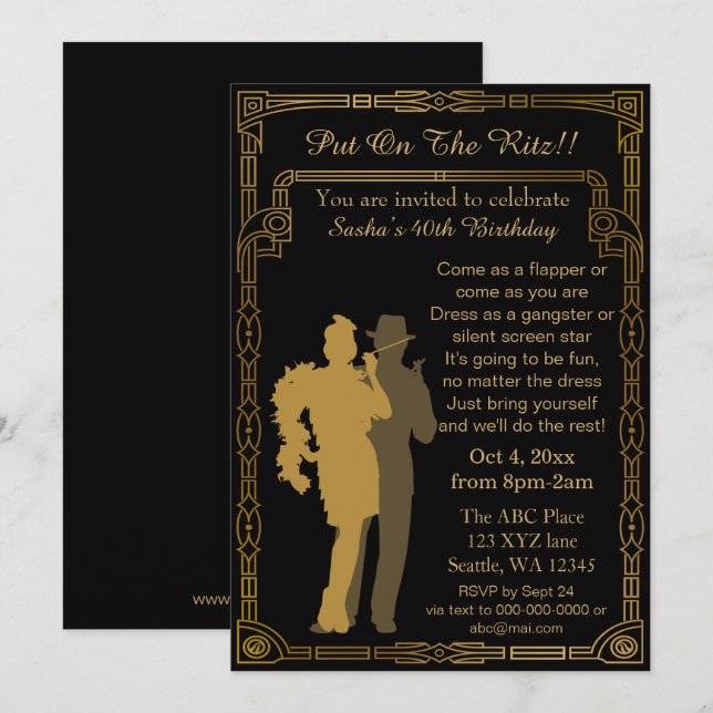 Roaring 20s art deco flapper girl and gangster invitation (Front/Back)