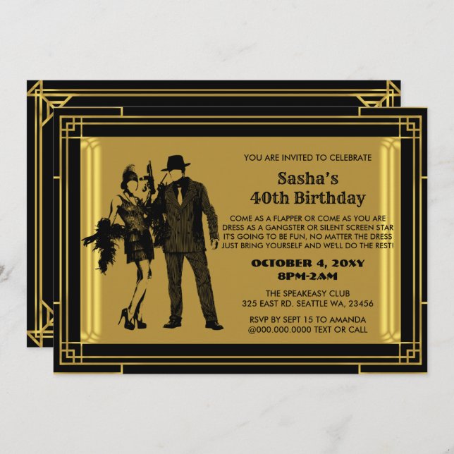 Roaring 20s art deco flapper girl and gangster invitation (Front/Back)