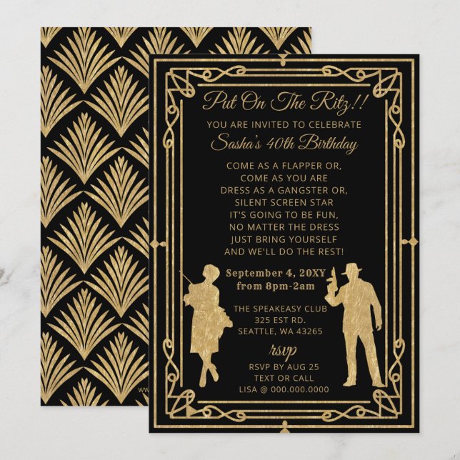 Roaring 20s art deco flapper girl and gangster invitation (Front/Back)