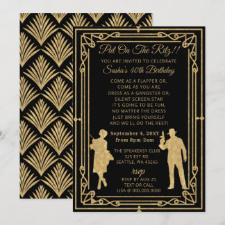 Roaring 20s art deco flapper girl and gangster invitation