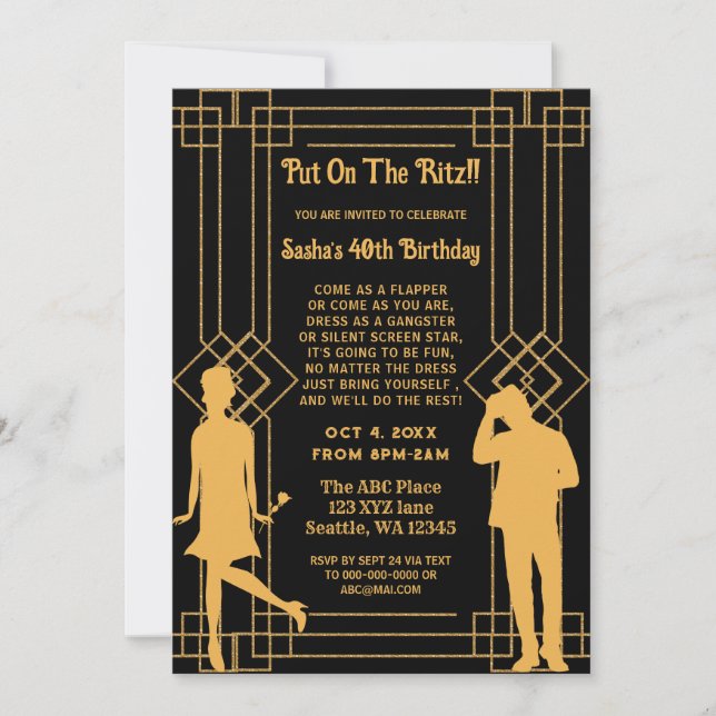 Roaring 20s art deco flapper girl and gangster invitation (Front)