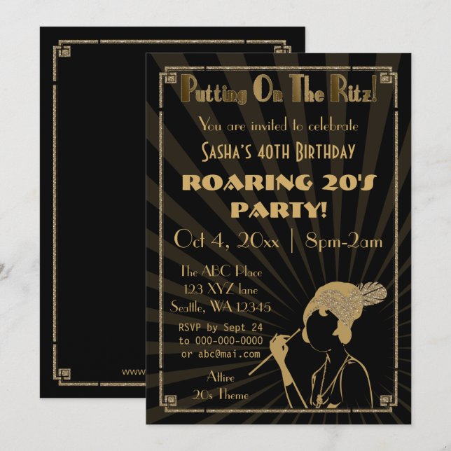 Roaring 20s art deco flapper girl invitation (Front/Back)