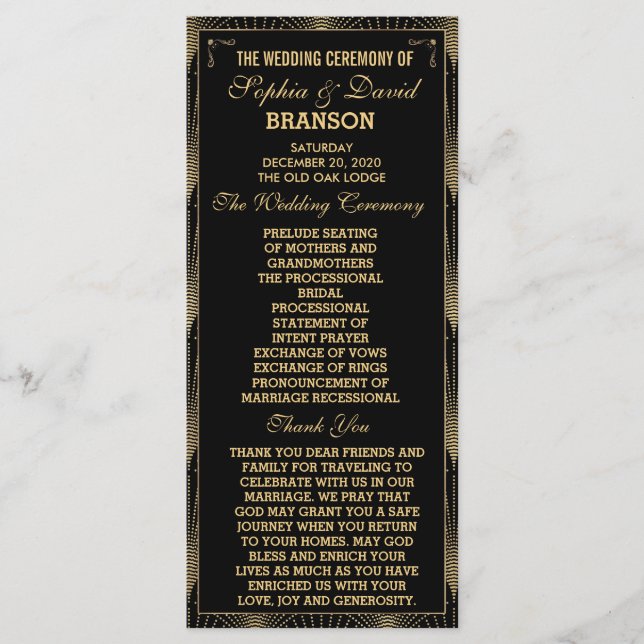 Roaring 20s Art Deco Great Gatsby Wedding Program Programme (Front)