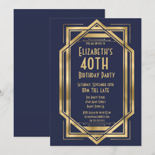 Roaring 20s Art Deco Navy Blue   Gold 40th  Invitation