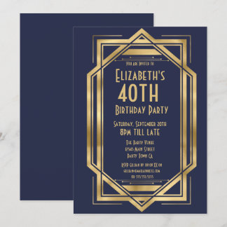 Roaring 20s Art Deco Navy Blue | Gold 40th  Invitation