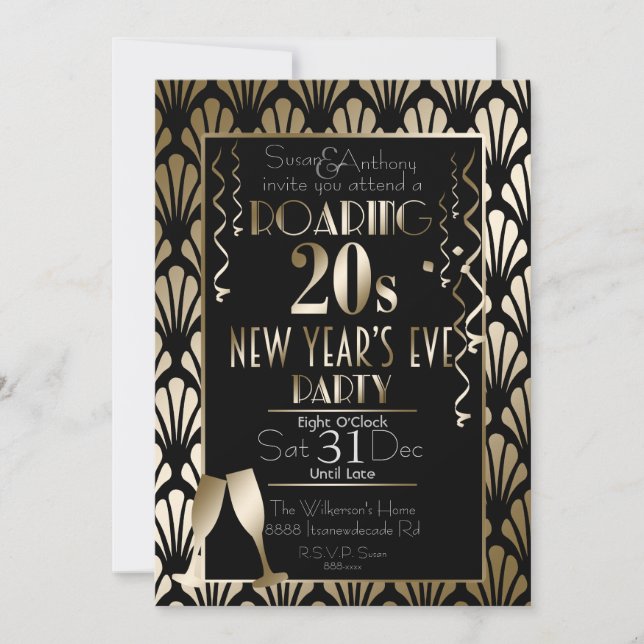 Roaring 20s Art Deco Retro Gold New Year's Eve Invitation (Front)