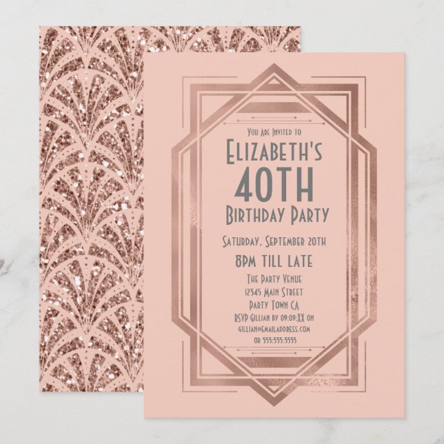 Roaring 20s Art Deco Rose Gold 40th Birthday Invitation (Front/Back)