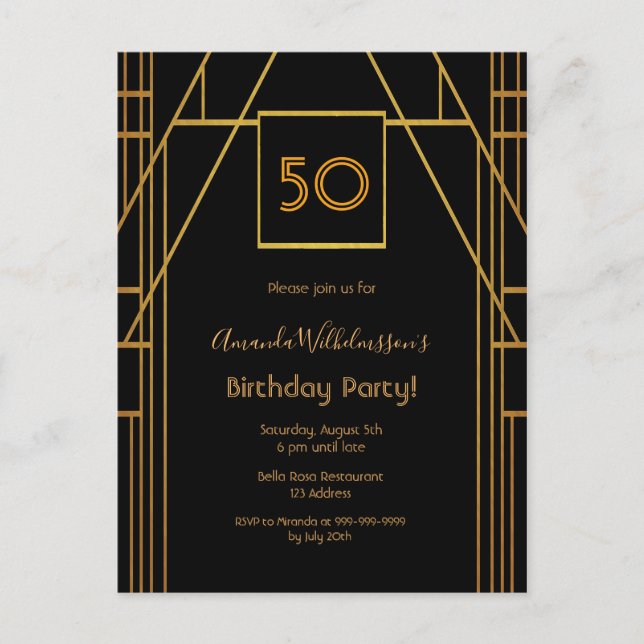 Roaring 20's birthday black gold deco invitation postcard (Front)
