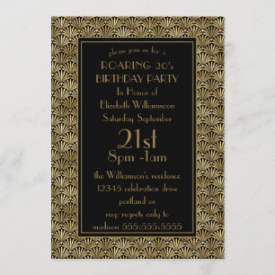 Roaring 20's Birthday Party  Black Gold Art Deco Invitation