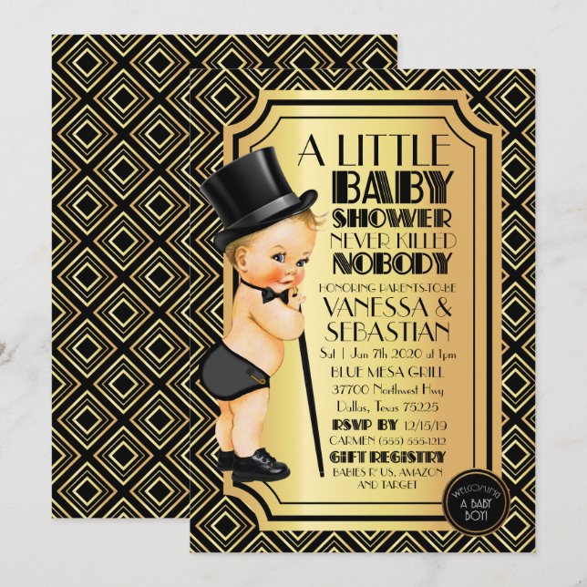 Roaring 20s Black and Gold Little Gentleman Invitation (Front/Back)