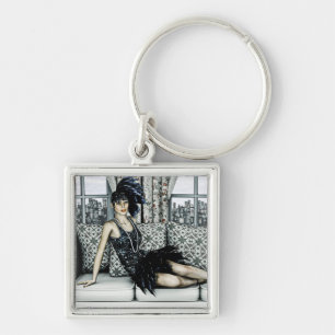 Roaring 20s Flapper Fashion Art Illustration Key Ring