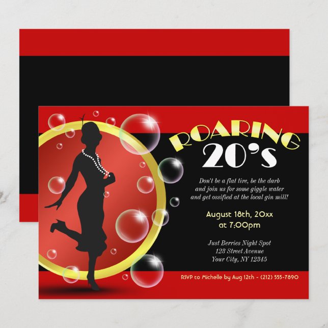 Roaring 20's Flapper Girl Giggle Water Invitations (Front/Back)
