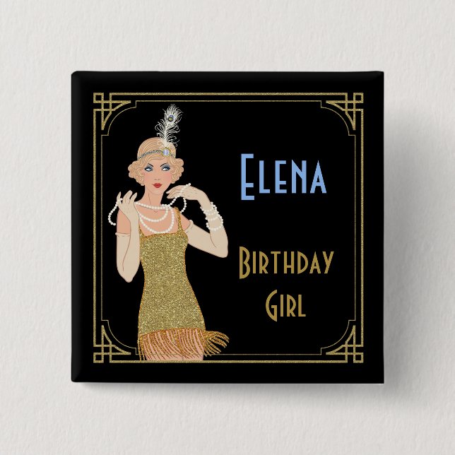 Roaring 20's Flapper Gold Glitter Black Retro 15 Cm Square Badge (Front)