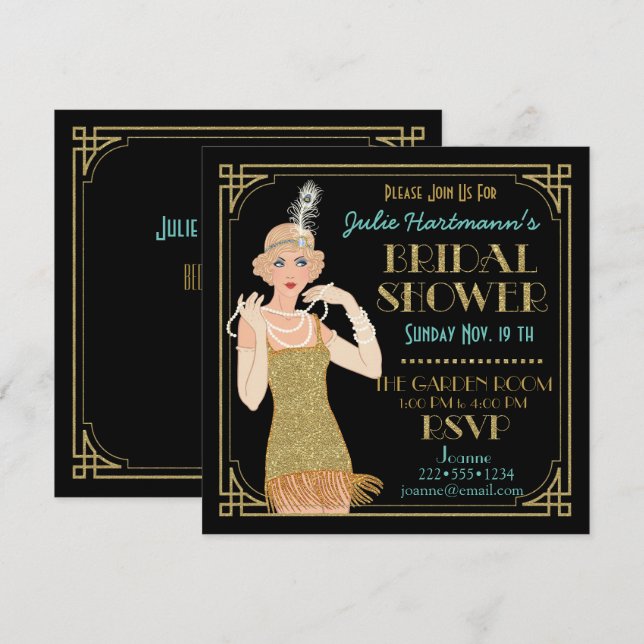 Roaring 20's Flapper Gold Glitter Black Retro Invitation (Front/Back)