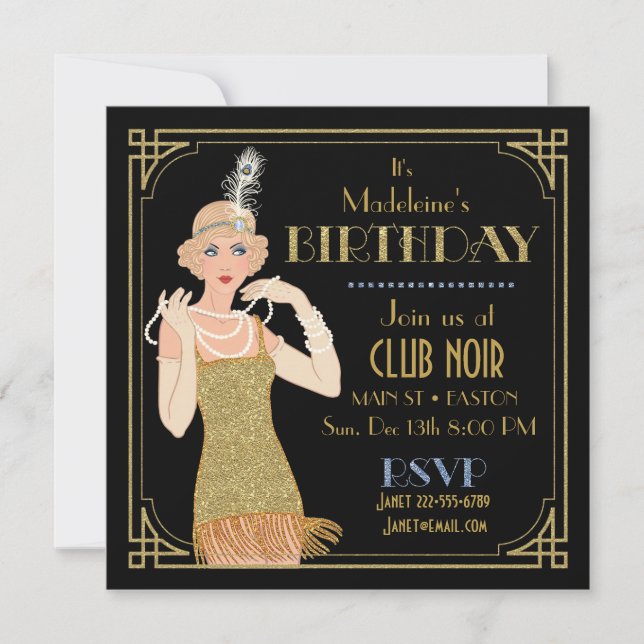 Roaring 20's Flapper Gold Glitter Black Retro Invitation (Front)