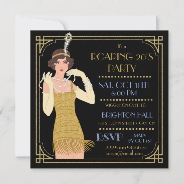 Roaring 20's Flapper Gold Glitter Black Retro Invitation (Front)