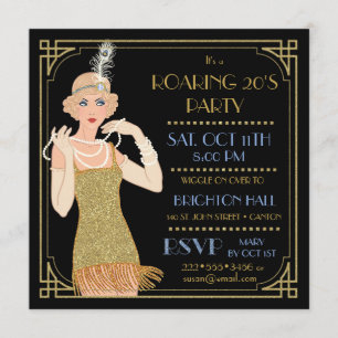 Roaring 20's Flapper Gold Glitter Black Retro Invitation