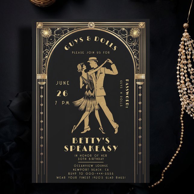 Roaring 20s Gatsby Gold Flapper Speakeasy Birthday Invitation (roaring 20s speakeasy gatsby flapper dance dancing couple gold black adult birthday party invitation)
