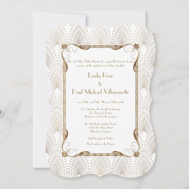 Roaring 20s Great Gatsby Gold White Wedding Invitation (Front)