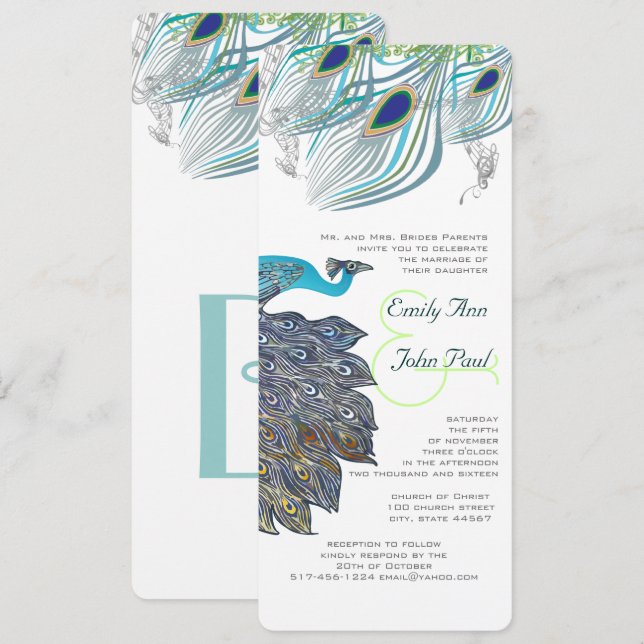 Roaring 20s Peacock Feathers Wedding Invitations (Front/Back)