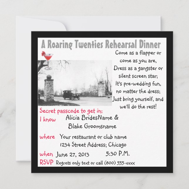 Roaring 20s Rehearsal Dinner Invitation (Front)