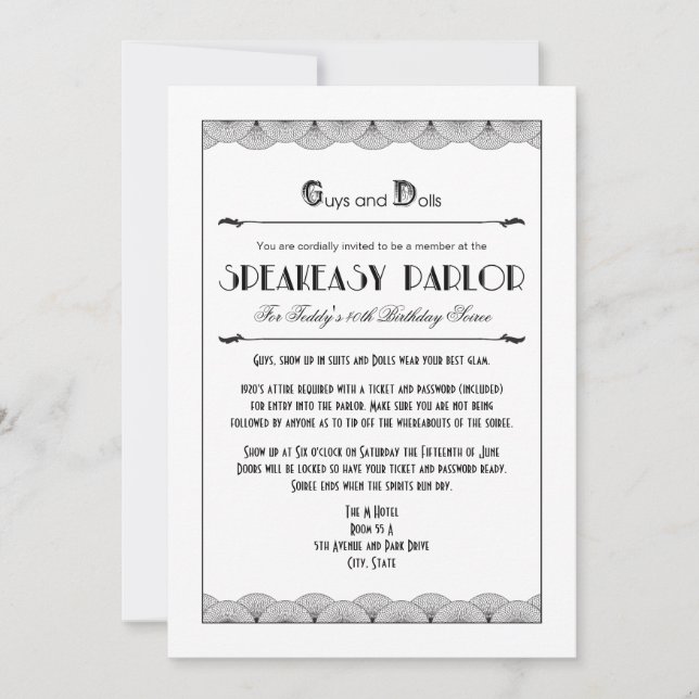 Roaring 20's Speakeasy Theme Party Invitations (Front)
