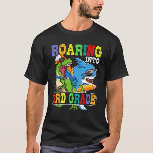 Roaring 3rd Grade Dinosaur Shark Back To School Bo T-Shirt (Front)
