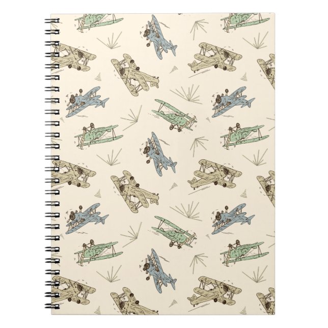 Roaring Art Deco Bi-planes - blue green pattern.   Notebook (Front)