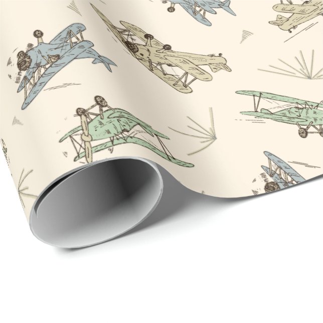 Roaring Art Deco Bi-planes - blue green pattern.   Wrapping Paper (Roll Corner)