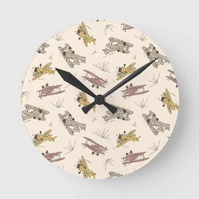 Roaring Art Deco Bi-planes - red yellow pattern.   Round Clock (Front)