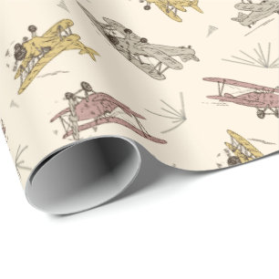 Roaring Art Deco Bi-planes - red yellow pattern.   Wrapping Paper