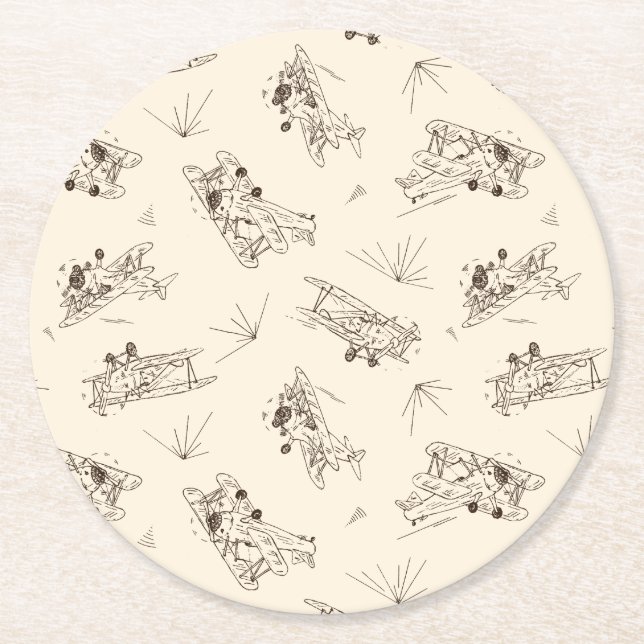 Roaring Art Deco Bi-planes - sketched pattern.   Round Paper Coaster (Front)