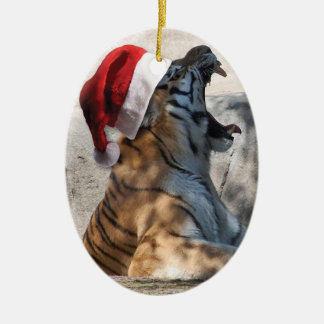 Roaring Bengal Tiger with Santa Hat Ceramic Tree Decoration