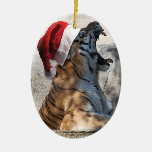 Roaring Bengal Tiger with Santa Hat Ceramic Tree Decoration (Front)