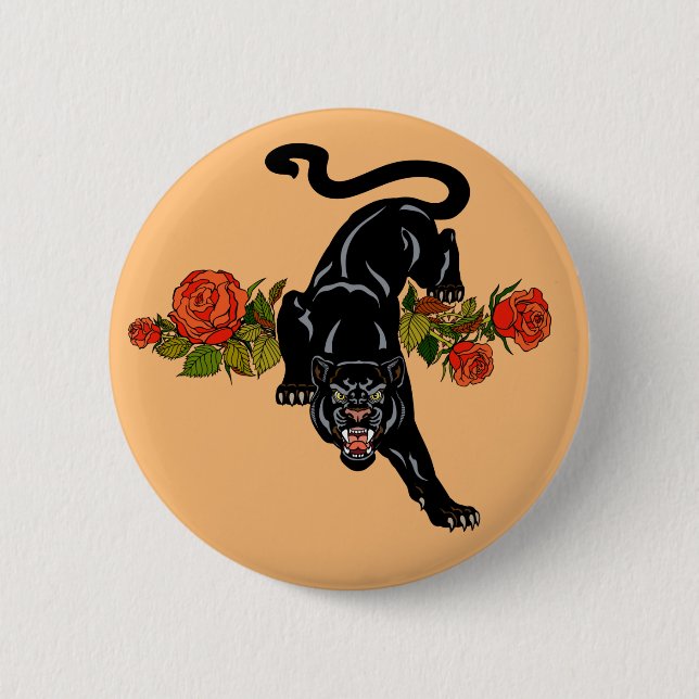 Roaring black panther and blooming roses button (Front)