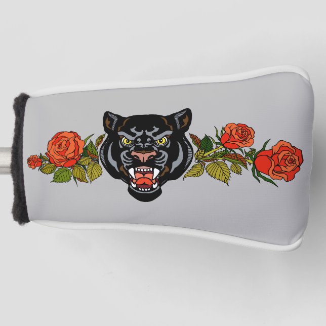 Roaring black panther and blooming roses golf head golf head cover (Front)