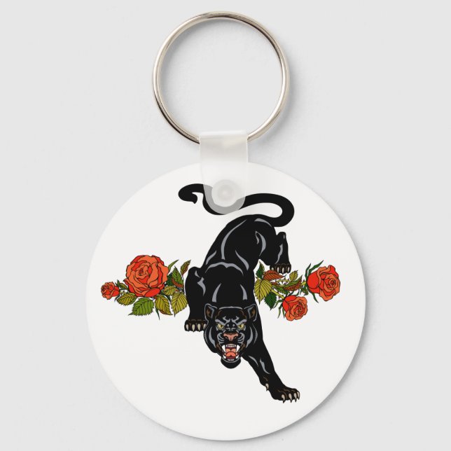 Roaring black panther and blooming roses keychain (Front)