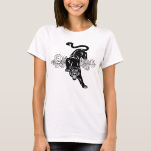 Roaring black panther and blooming roses T-Shirt