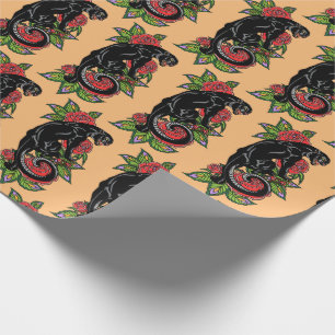 Roaring black panther and blooming roses wrapping  paper