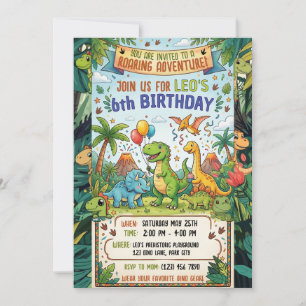 Roaring Dinosaur 6th Birthday Jungle Party Invitation